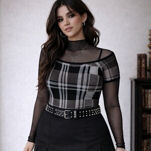 Plaid Knit Top Black Grey Off Shoulder Dark Academia Preppy Goth Cap Sleeve